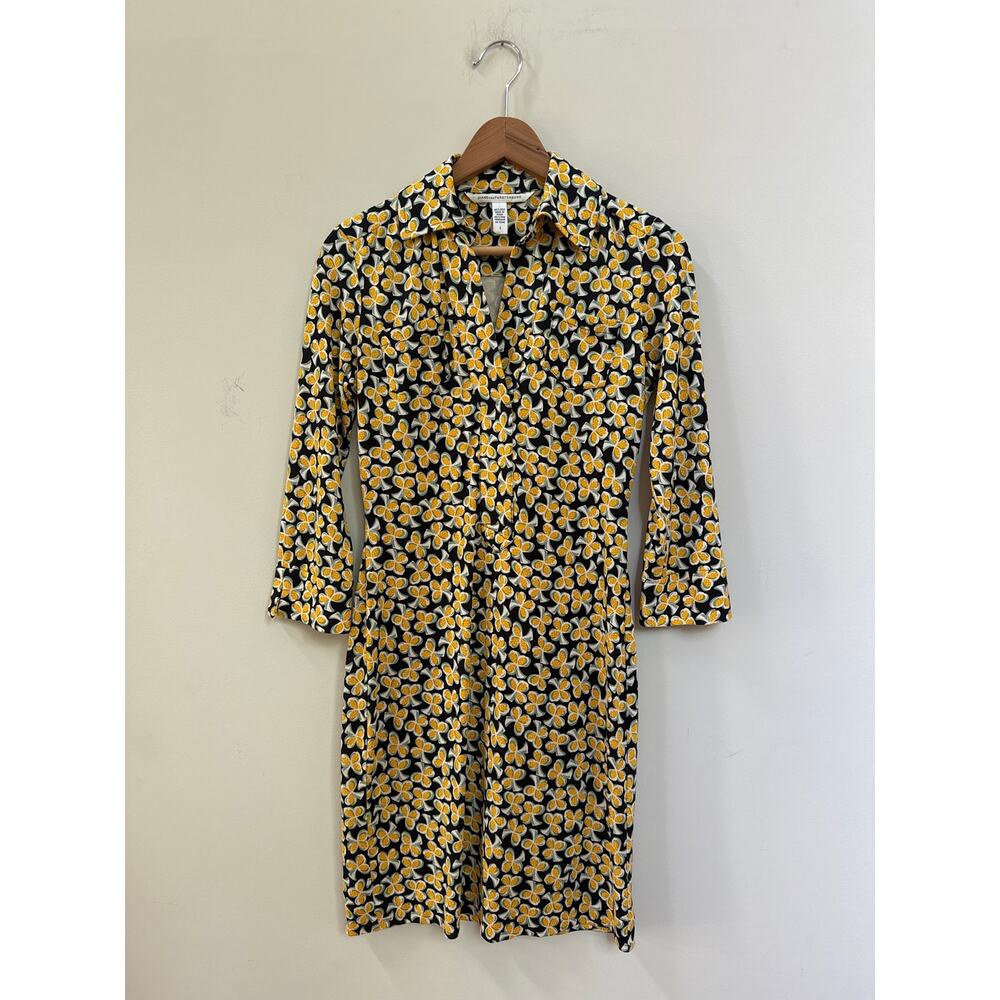 Diane Von Furstenberg Floral Clover Print Shirt Dress Knee Length Classic Size 2